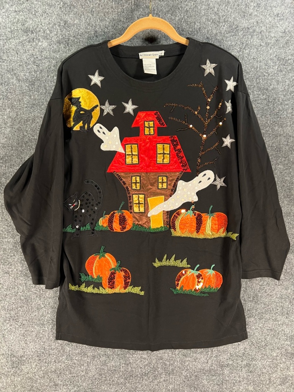 Vintage 90s Halloween Haunted House Embroidered Sequin Long T-shirt Top Size S
